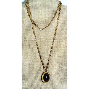 Vintage Gold-Tone Necklace Reversible Pendant Black And Pearlescent Cabochons